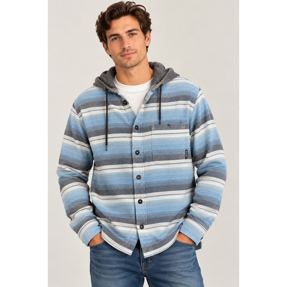 Billabong Hooded Flannel Mens Large Surfcore Striped Blue Grey Core Fit Stretch